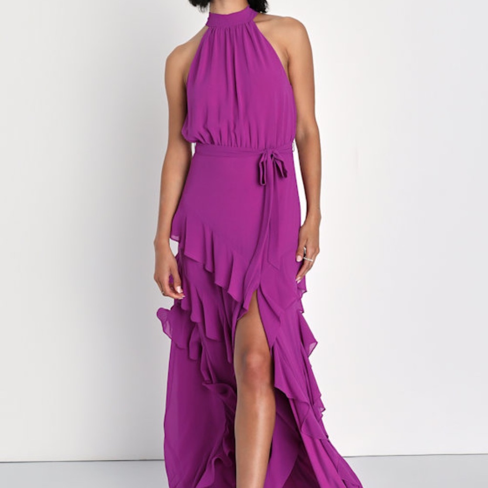 Lulus Iconic Flair Purple Asymmetrical Ruffled Halter Maxi Dress - Size M